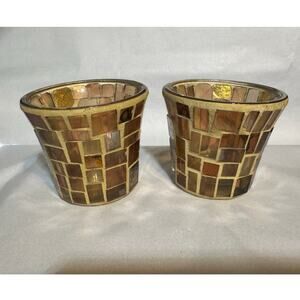 Amber Gold Mosaic Glass Votive Candle Holders Set of 2 Boho Decor